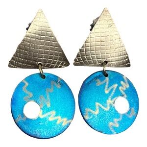 SUMMER Earrings Silver Triangles Turquoise Colored Circles Hanging 2” Earrings